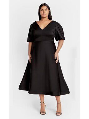 City Chic Lula Maxi Dress Black | Puff Sleeve V-Neck | Women’s 14 | NWT